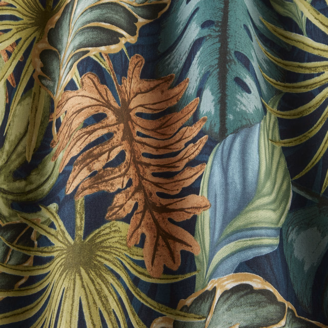 Moody tropical leaf fabric in navy, teal, sage and copper tones
