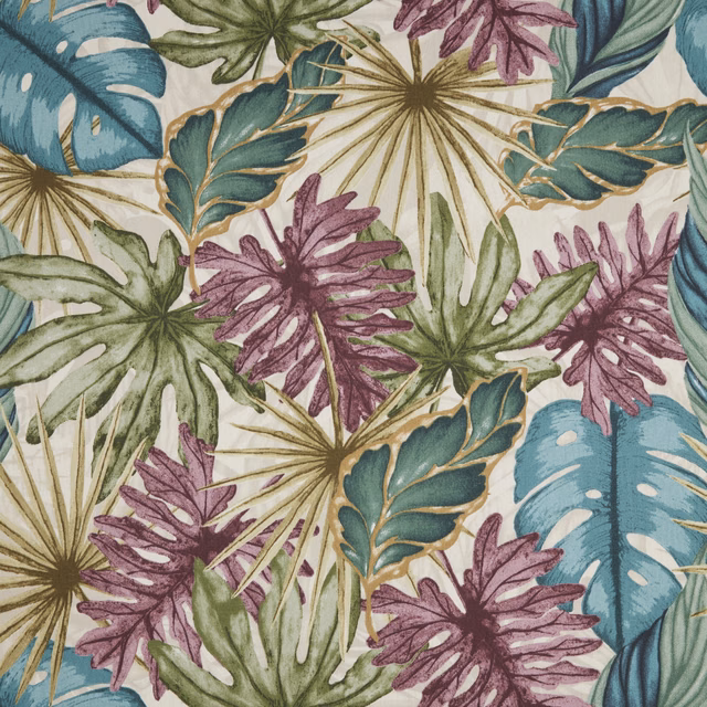 Large tropical leaf print in damson, teal, sage and gold on ivory fabric