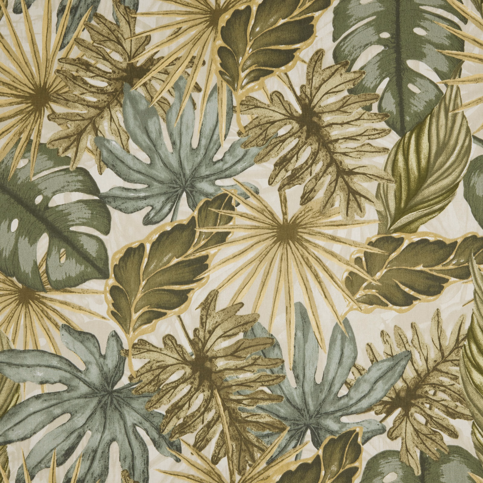Large tropical leaf print in misty sage, olive and soft gold on a pale ground