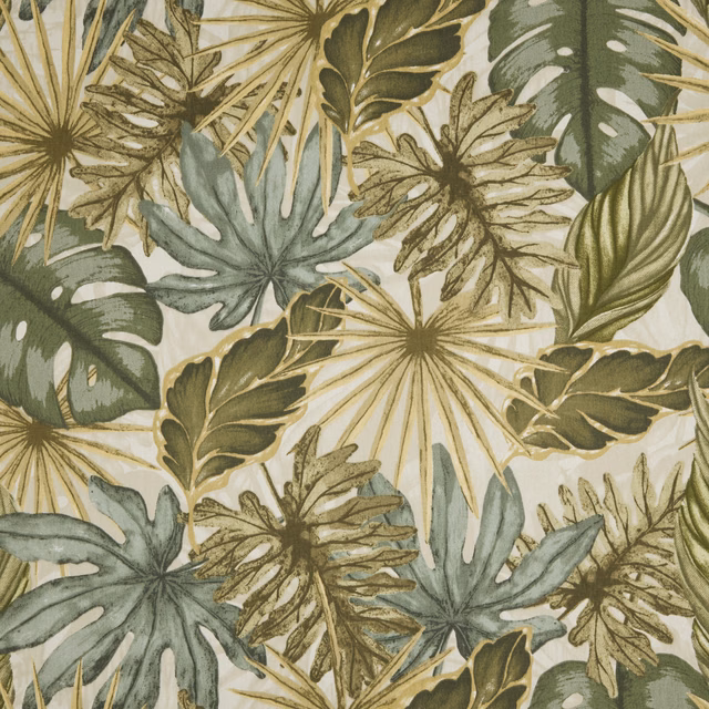 Large tropical leaf print in misty sage, olive and soft gold on a pale ground