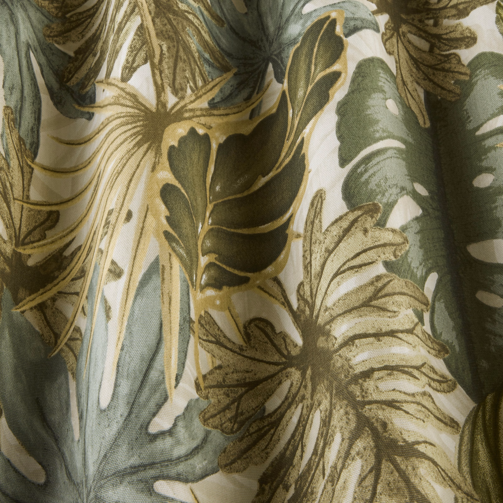 Botanical leaf print in misty green and olive on a pale ground
