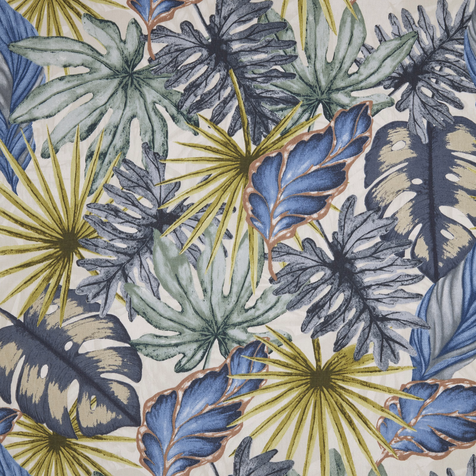 Painterly tropical leaf print in lagoon blue, sage, grey and olive on a light ground