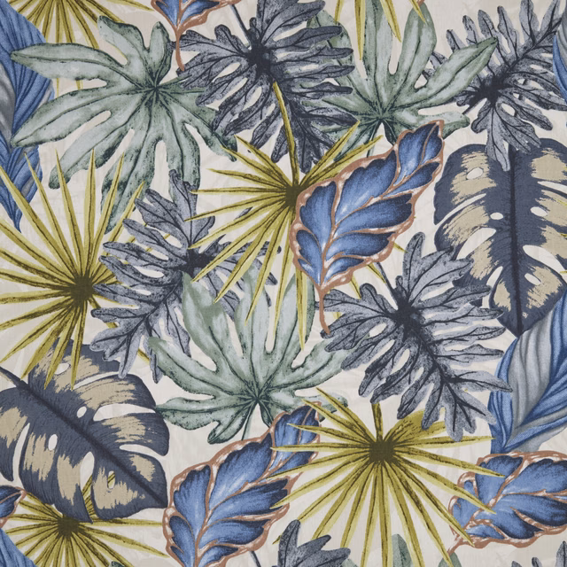 Painterly tropical leaf print in lagoon blue, sage, grey and olive on a light ground