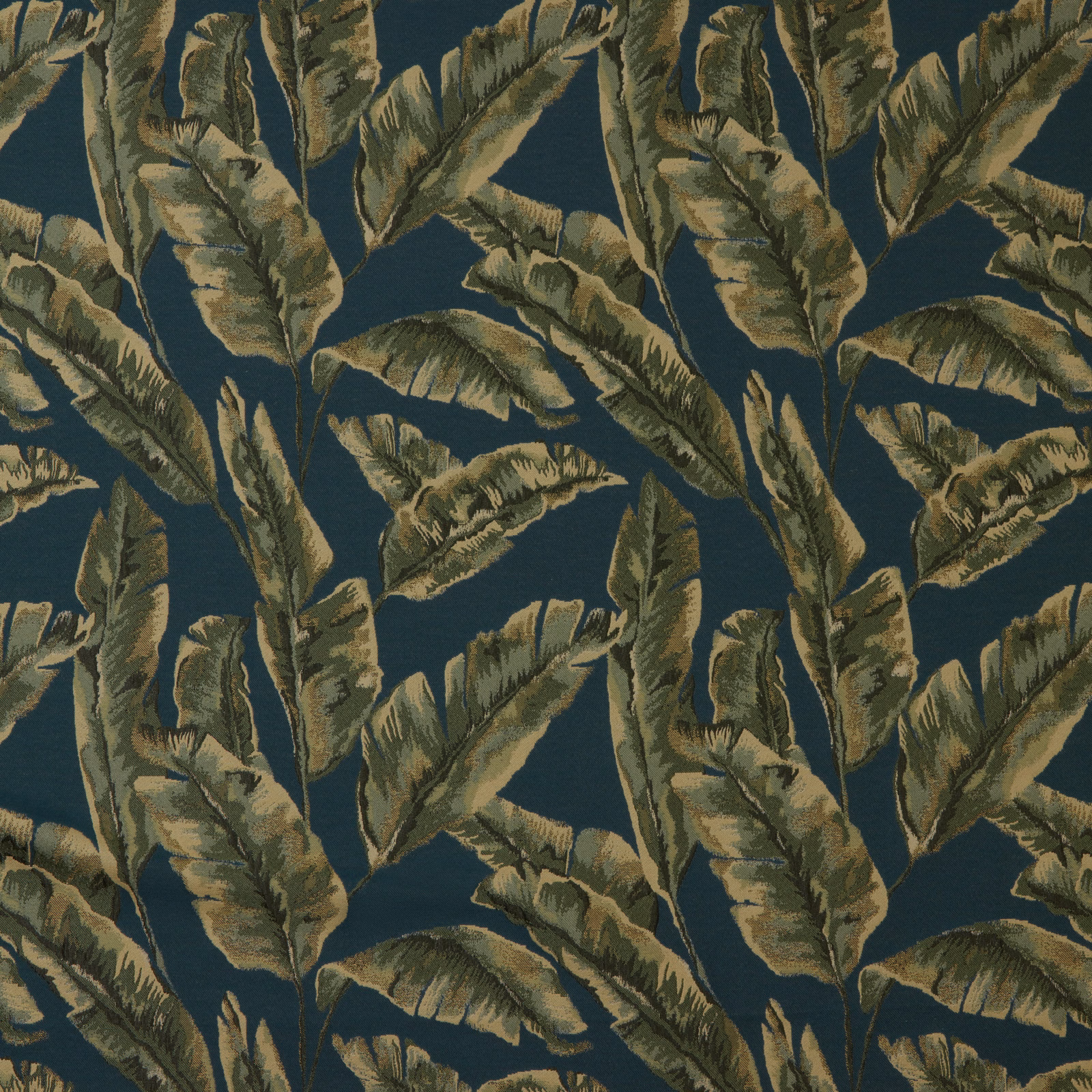 Tropical palm leaf fabric with olive and tan foliage on a deep teal ground