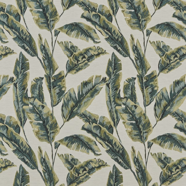 Large tropical leaf print in forest green, olive and sage on a pale ground