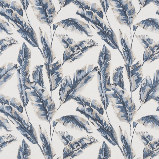 Painterly blue-grey palm leaf fabric on a pale ivory ground