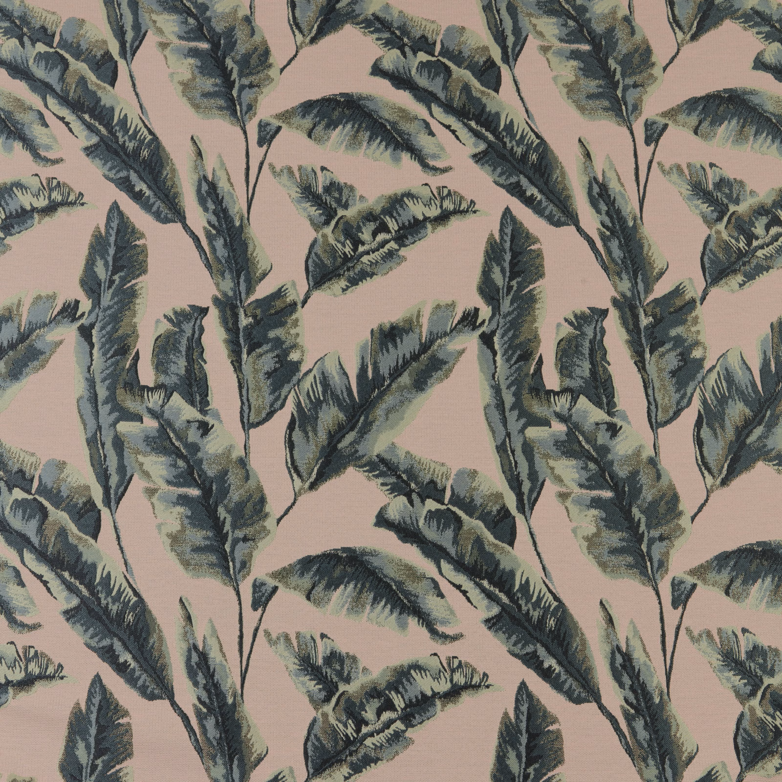 Blush pink fabric with large painterly green palm leaves and soft woven texture