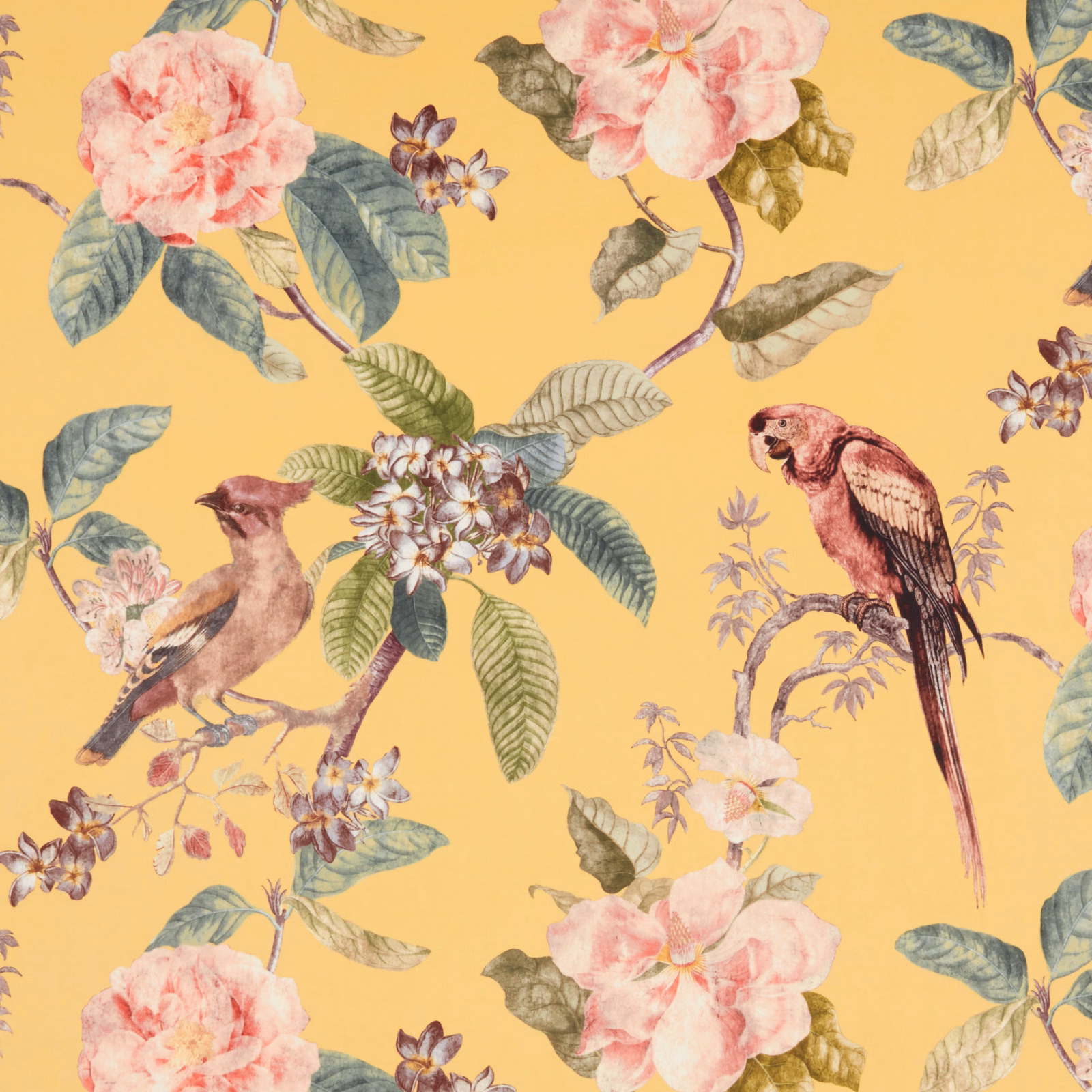 Butter yellow botanical fabric with painted flowers, birds and soft green leaves