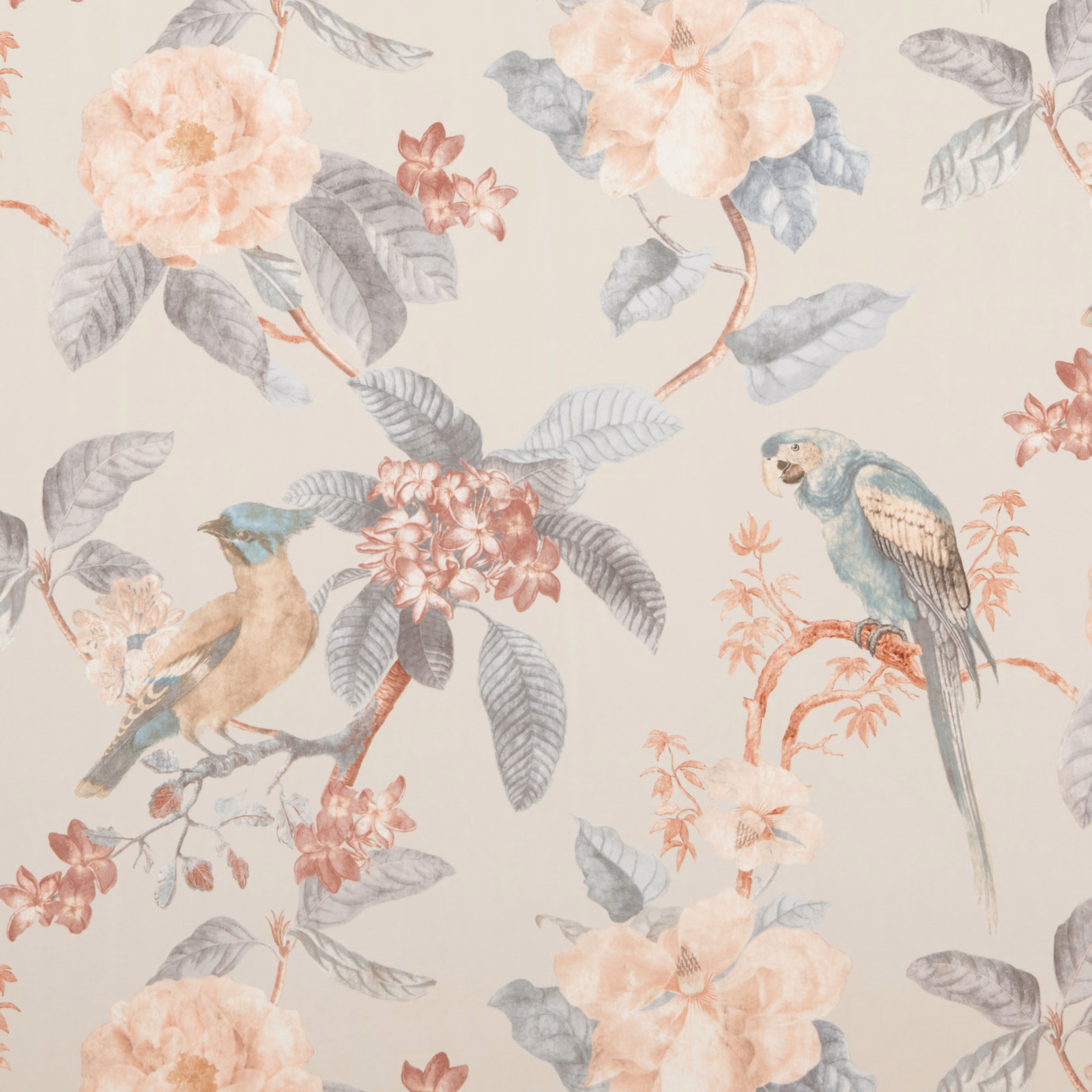 Parchment floral fabric with painted birds, blush blooms and grey-green leaves