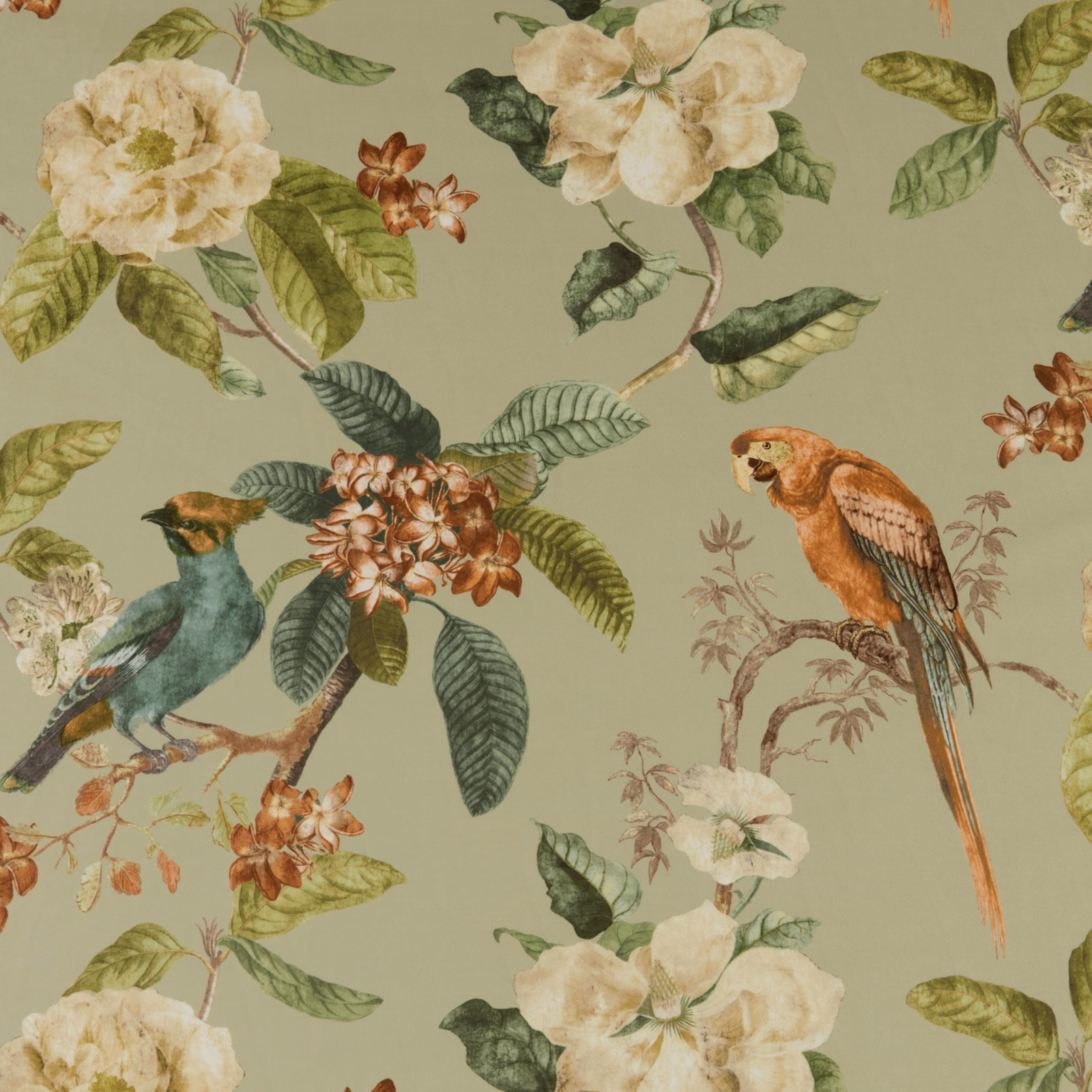 Pistachio green botanical fabric with birds, leaves and cream flowers