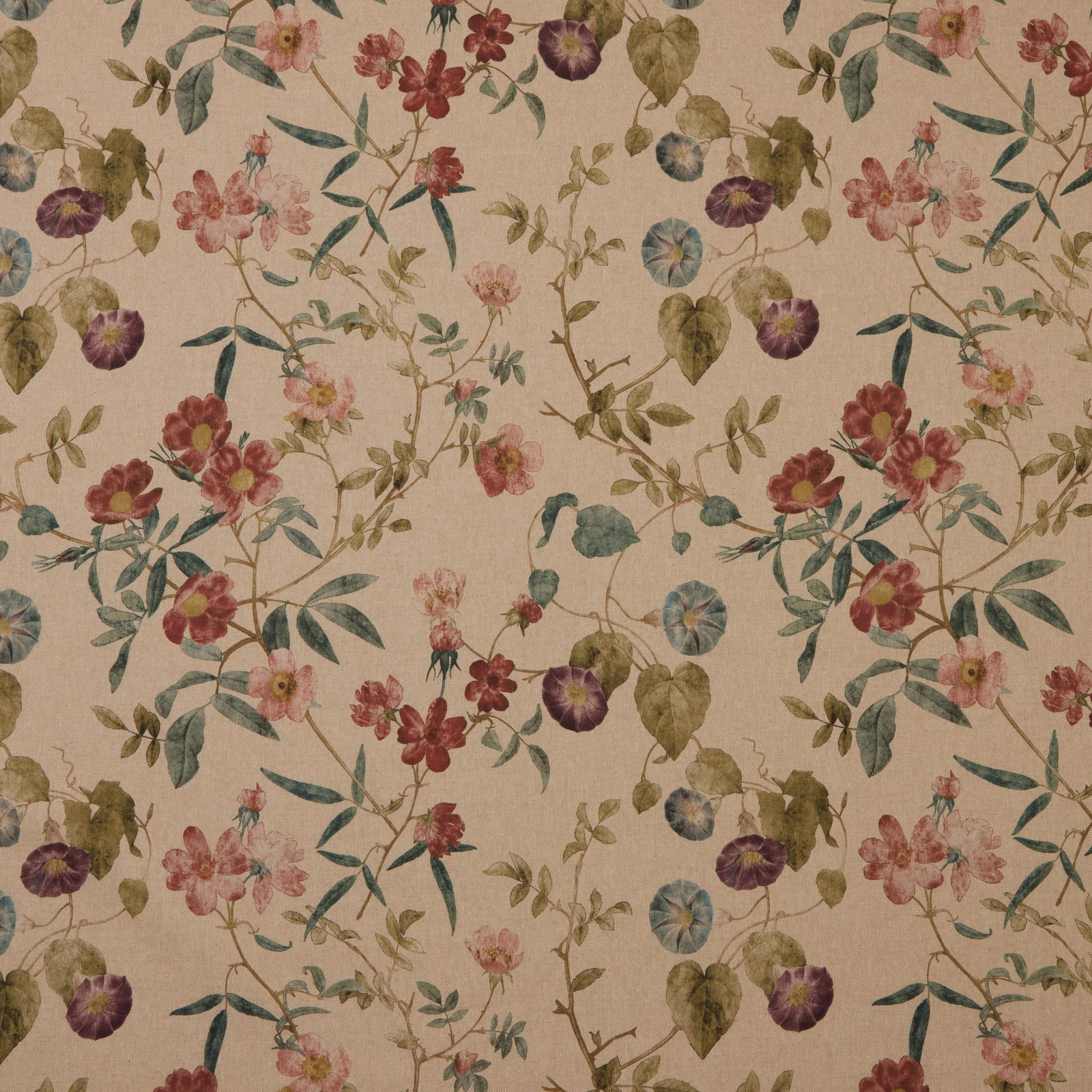 Painterly botanical fabric with damson, rose and green flowers on cream