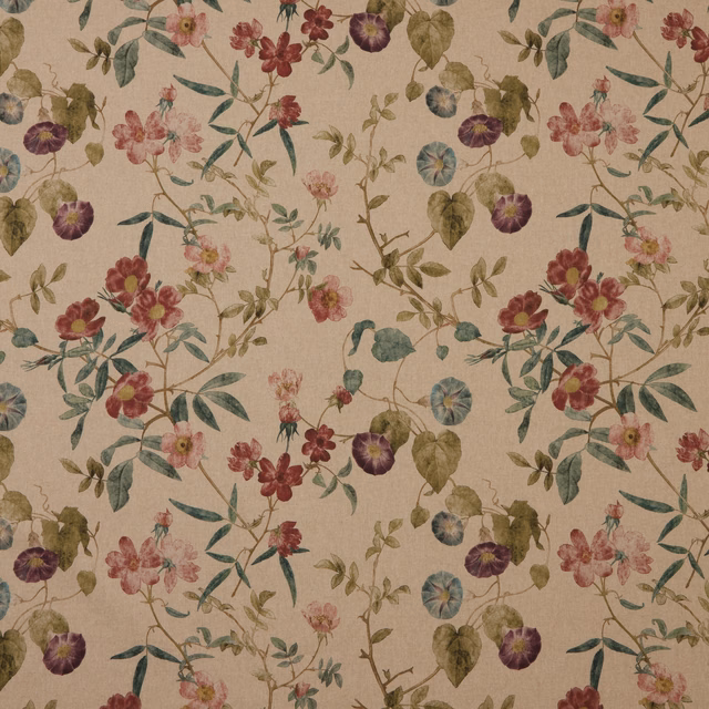 Painterly botanical fabric with damson, rose and green flowers on cream
