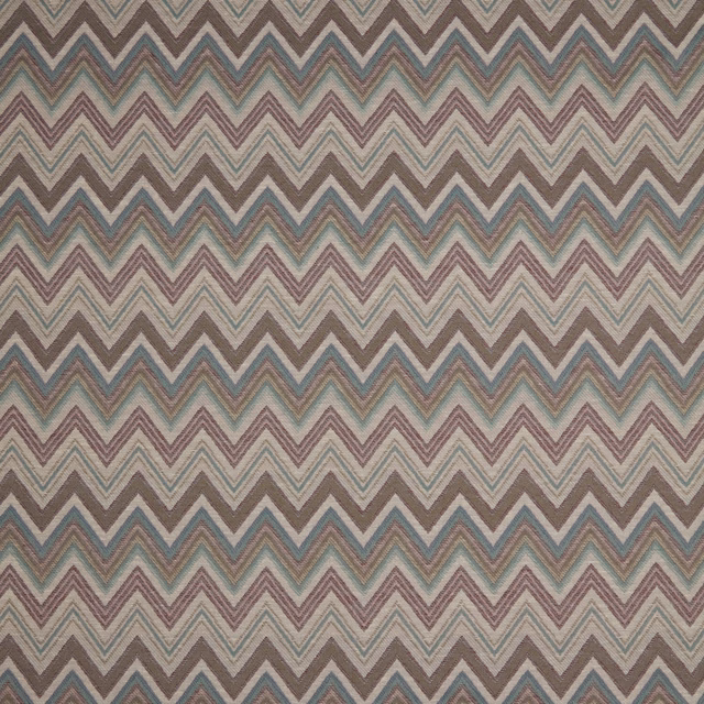 Damson, teal and taupe chevron woven fabric on a cream ground