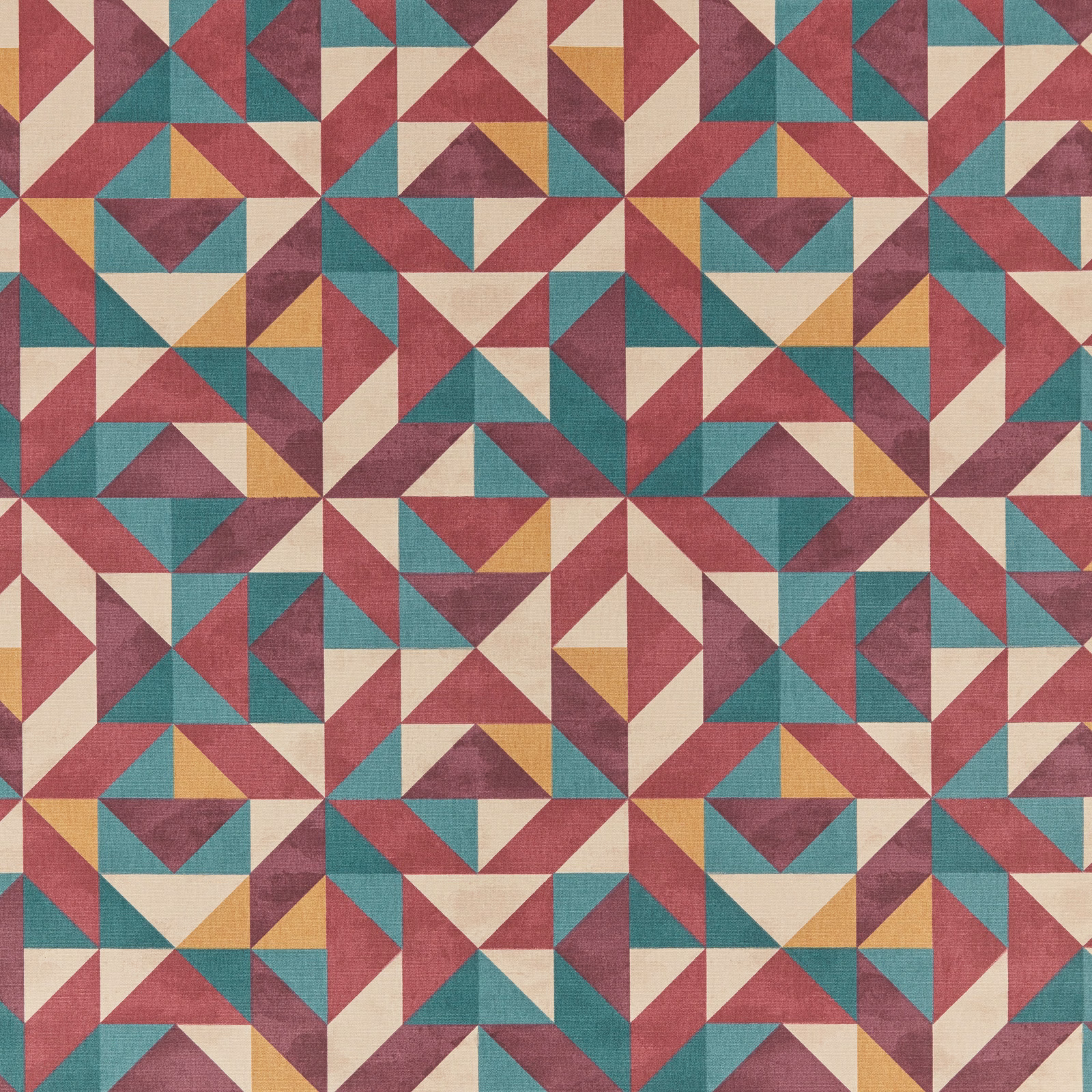 Geometric fabric swatch with bilberry, teal, cream and mustard triangles