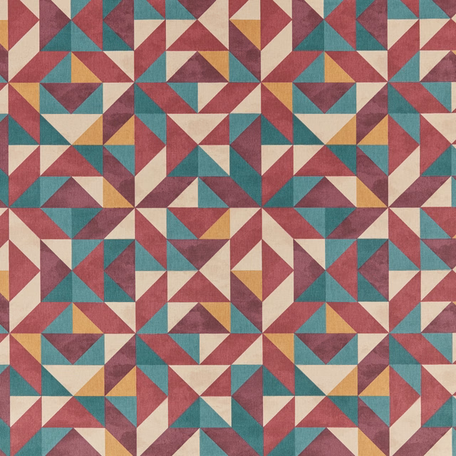 Geometric fabric swatch with bilberry, teal, cream and mustard triangles