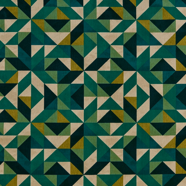 Geometric fabric swatch in jade green, teal, cream and olive triangles