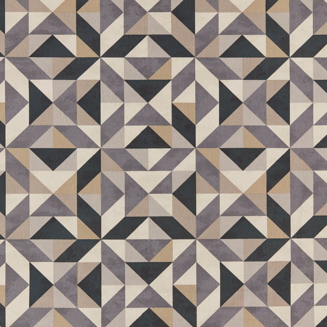 Geometric fabric swatch in grey, taupe and cream triangular blocks