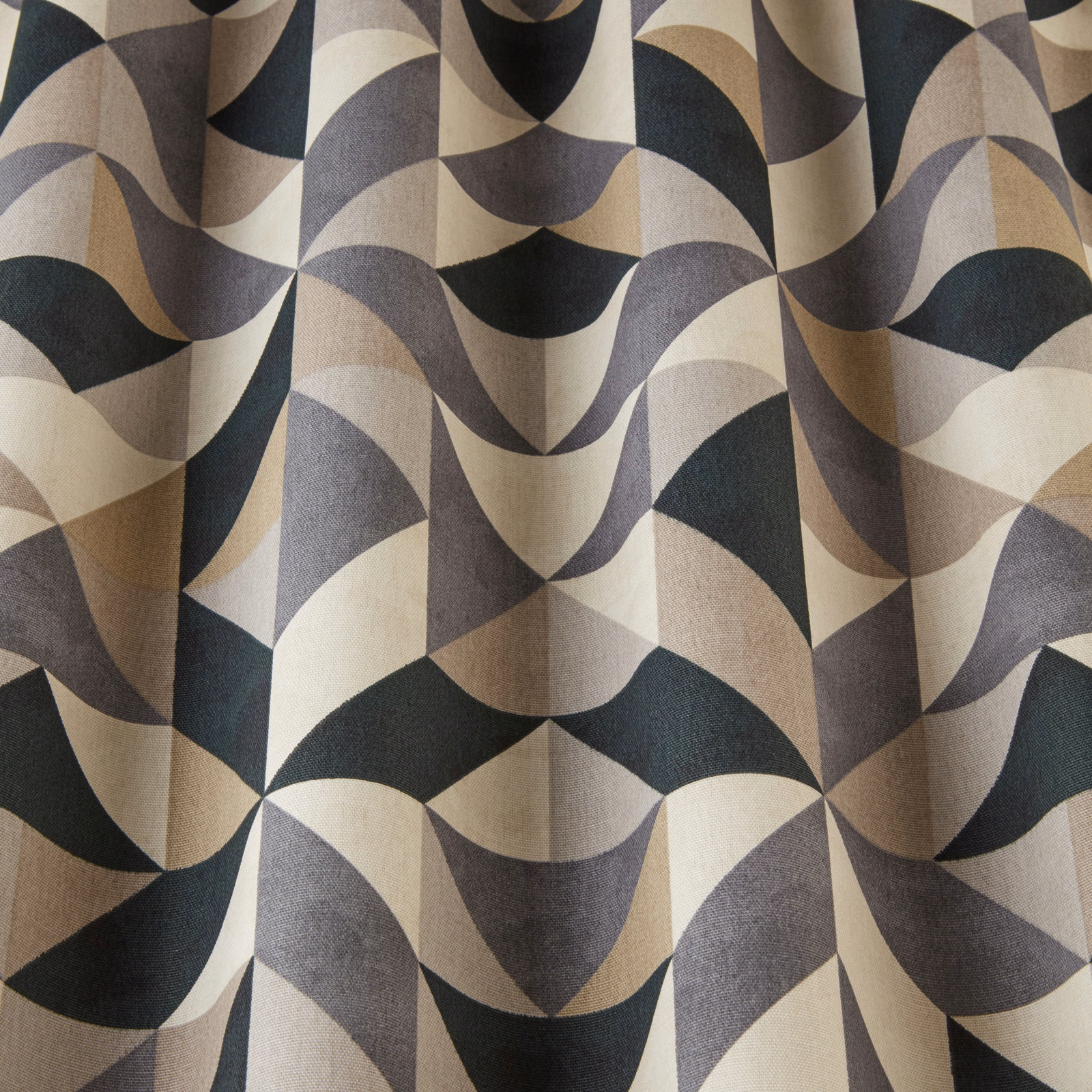 Abstract wavy geometric fabric in sage, taupe, charcoal and stone