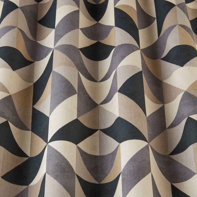 Abstract wavy geometric fabric in sage, taupe, charcoal and stone
