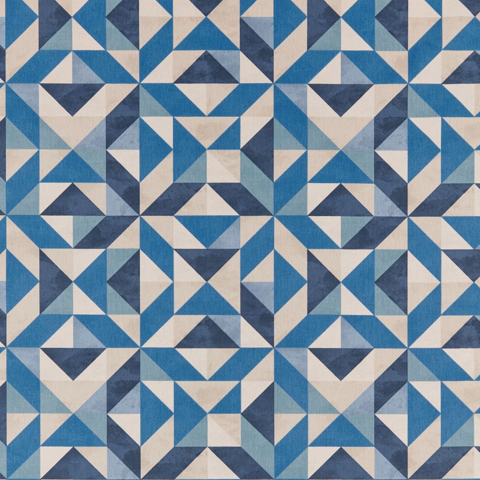 Blue and ivory geometric fabric swatch with angular triangle repeat