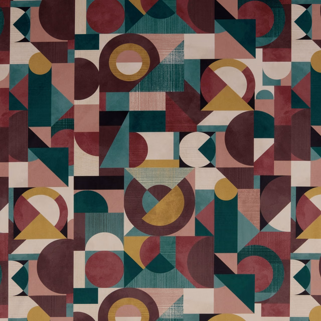Bold geometric fabric with bilberry plum, teal, blush and mustard shapes