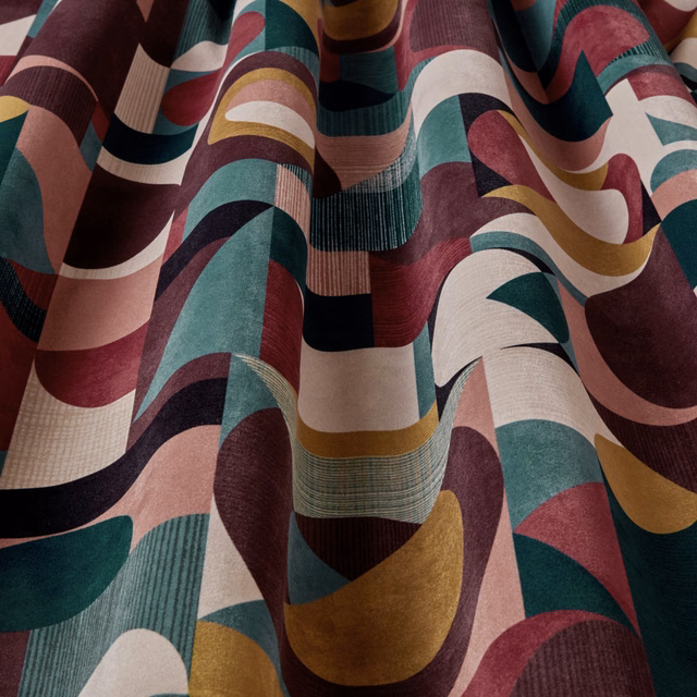 Bold wavy geometric fabric in bilberry, teal, cream and gold bands