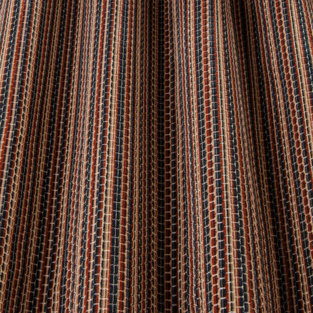 Textured woven stripe fabric in terracotta, cream, navy and dark brown