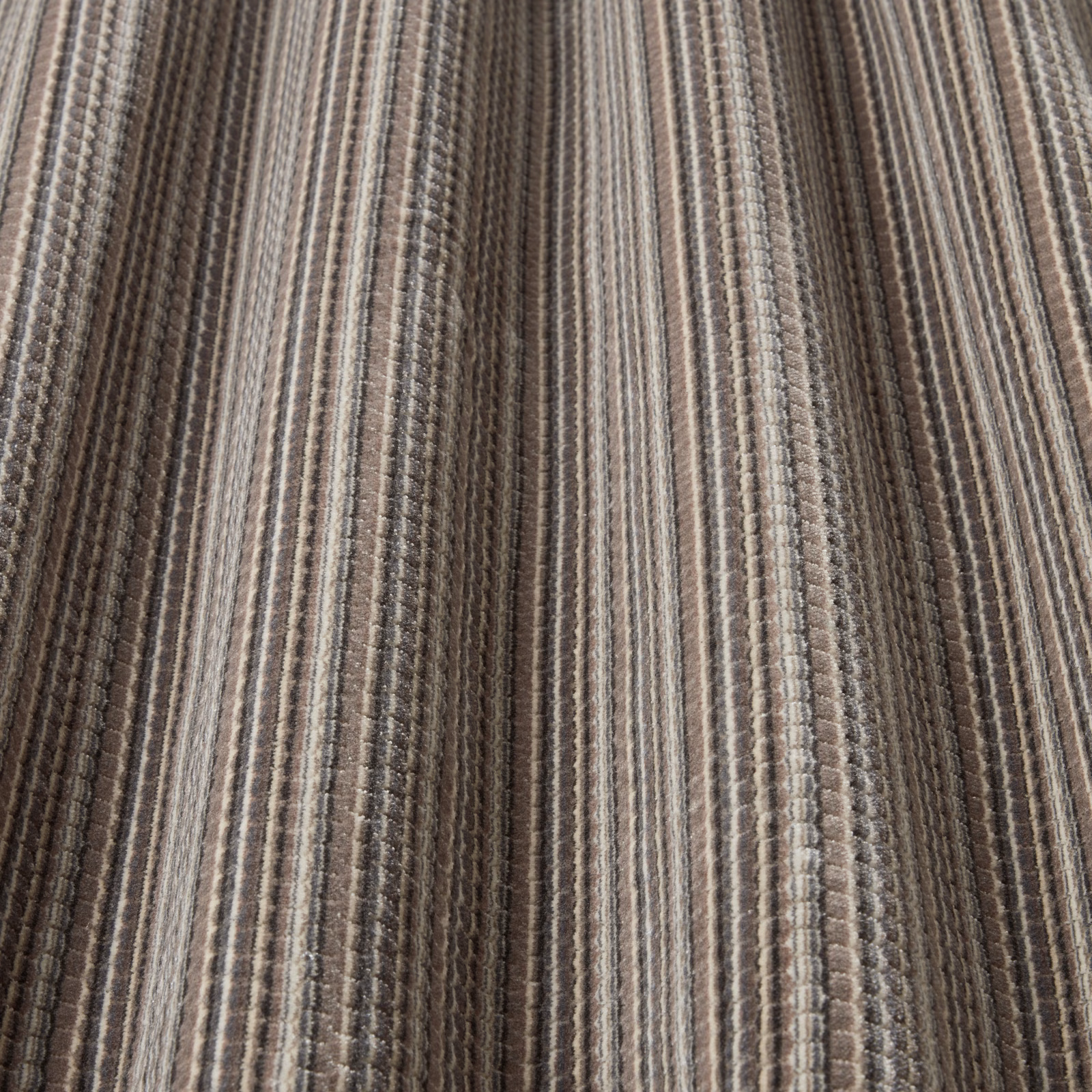 Mineral taupe striped woven fabric with narrow wavy geometric bands