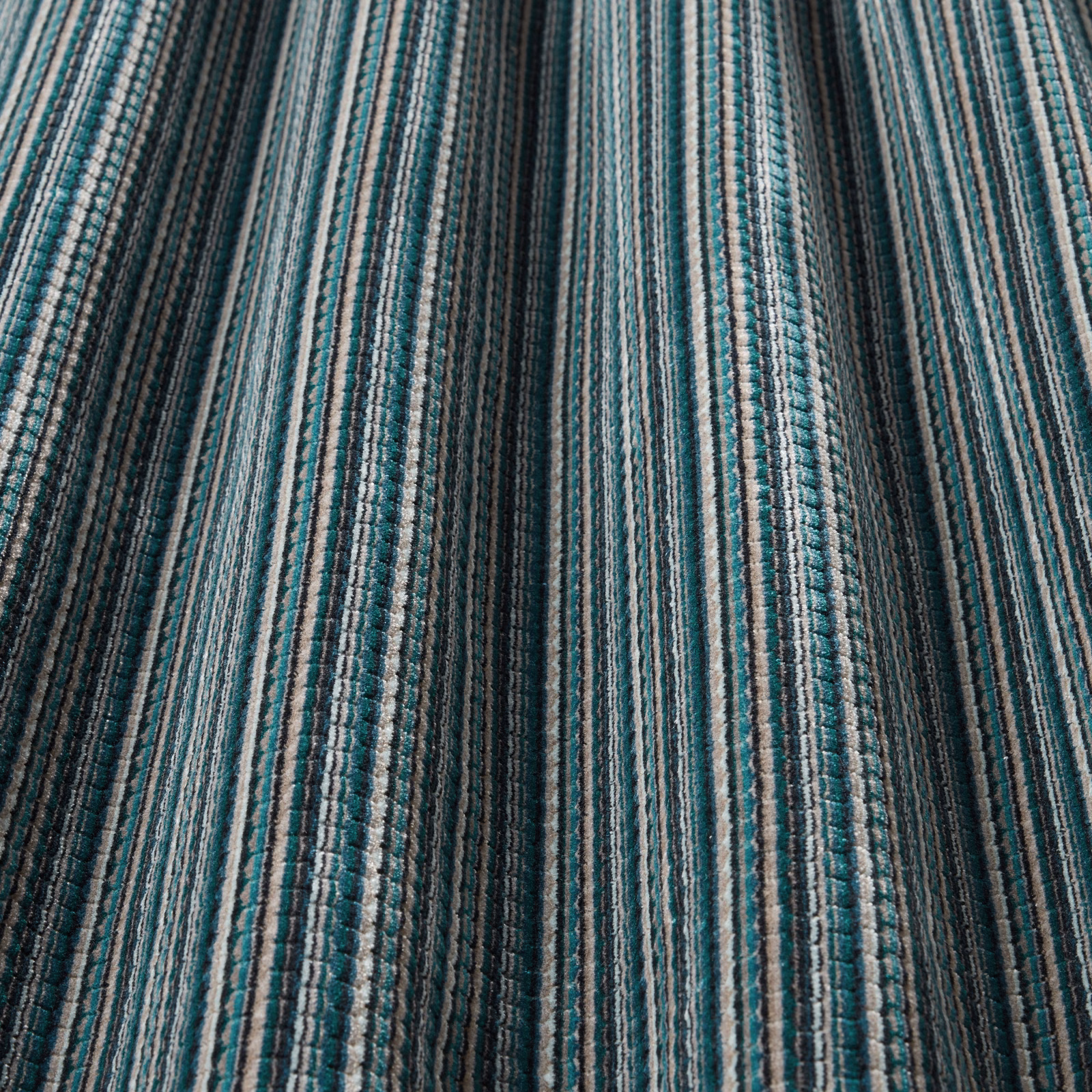 Teal and grey striped woven fabric with a textured vertical pattern