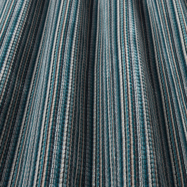 Teal and grey striped woven fabric with a textured vertical pattern