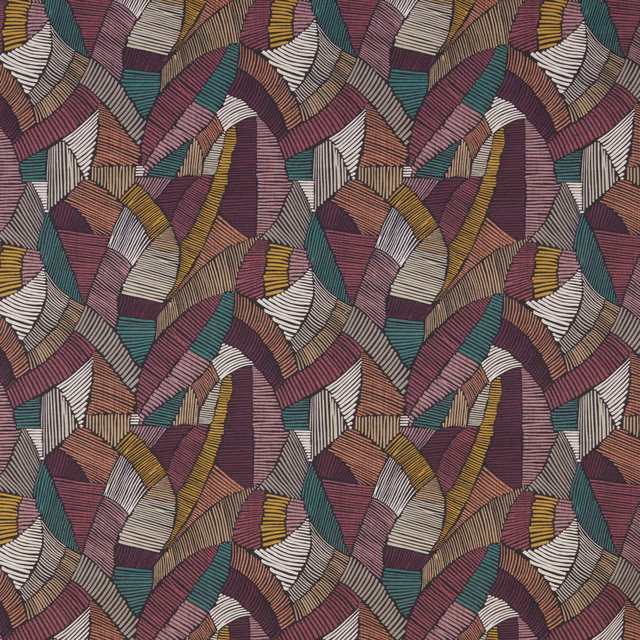 Multi-coloured geometric fabric swatch with bilberry purple, teal, cream and mustard arcs