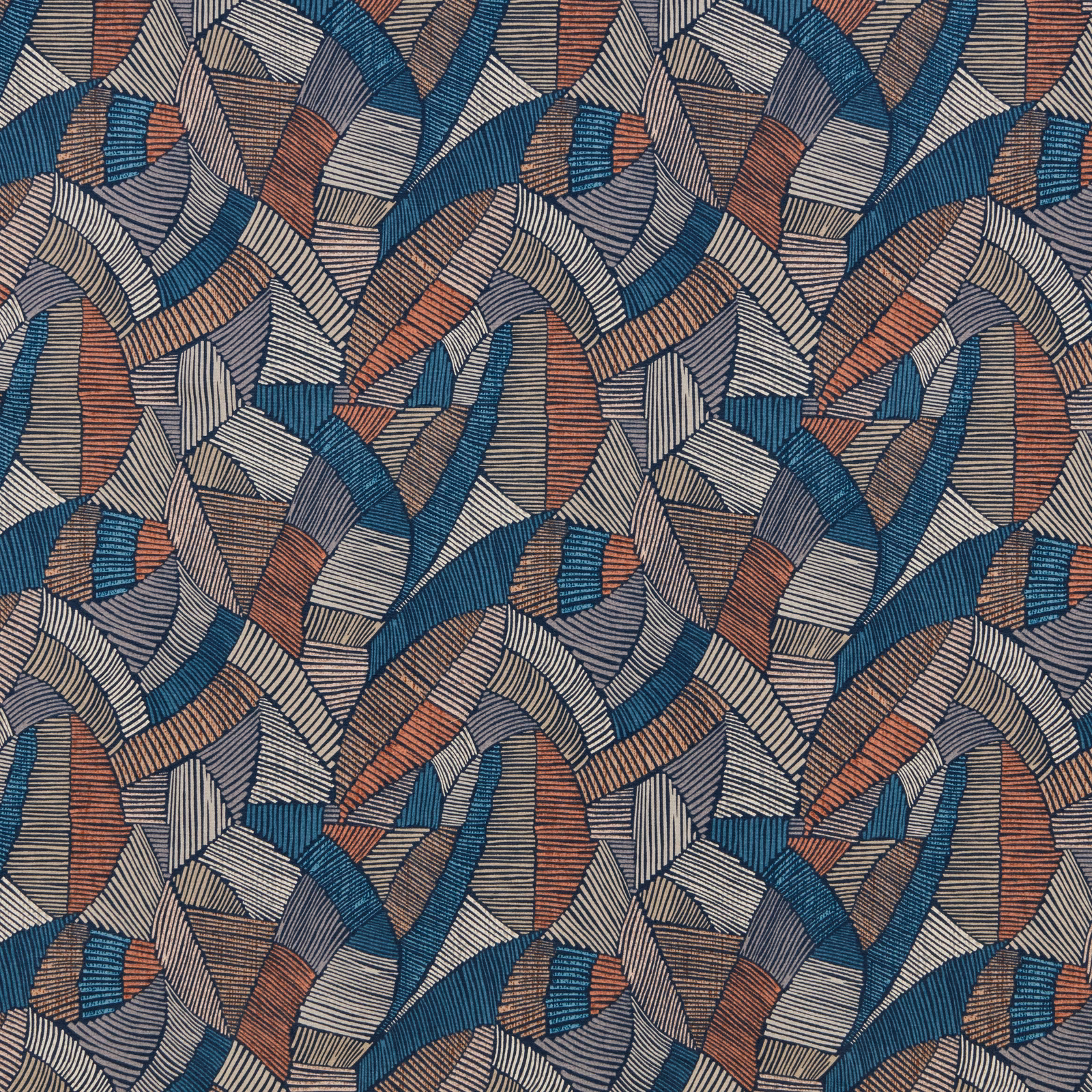Geometric fabric swatch in terracotta, teal and stone with striped curved motifs