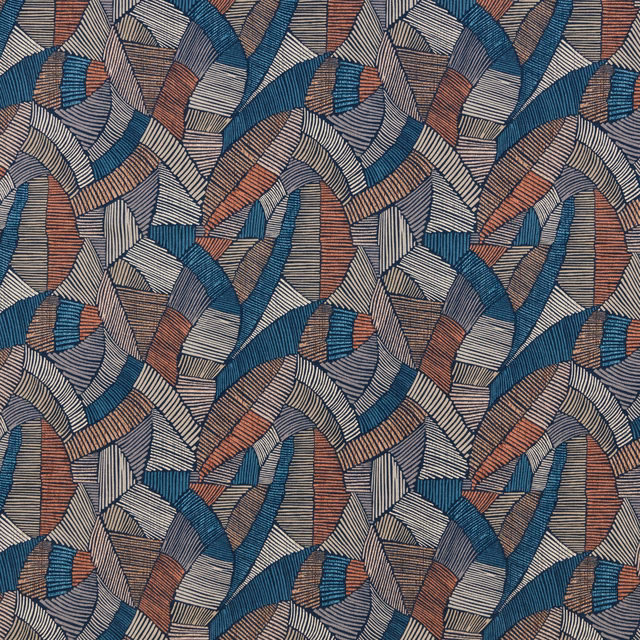 Geometric fabric swatch in terracotta, teal and stone with striped curved motifs