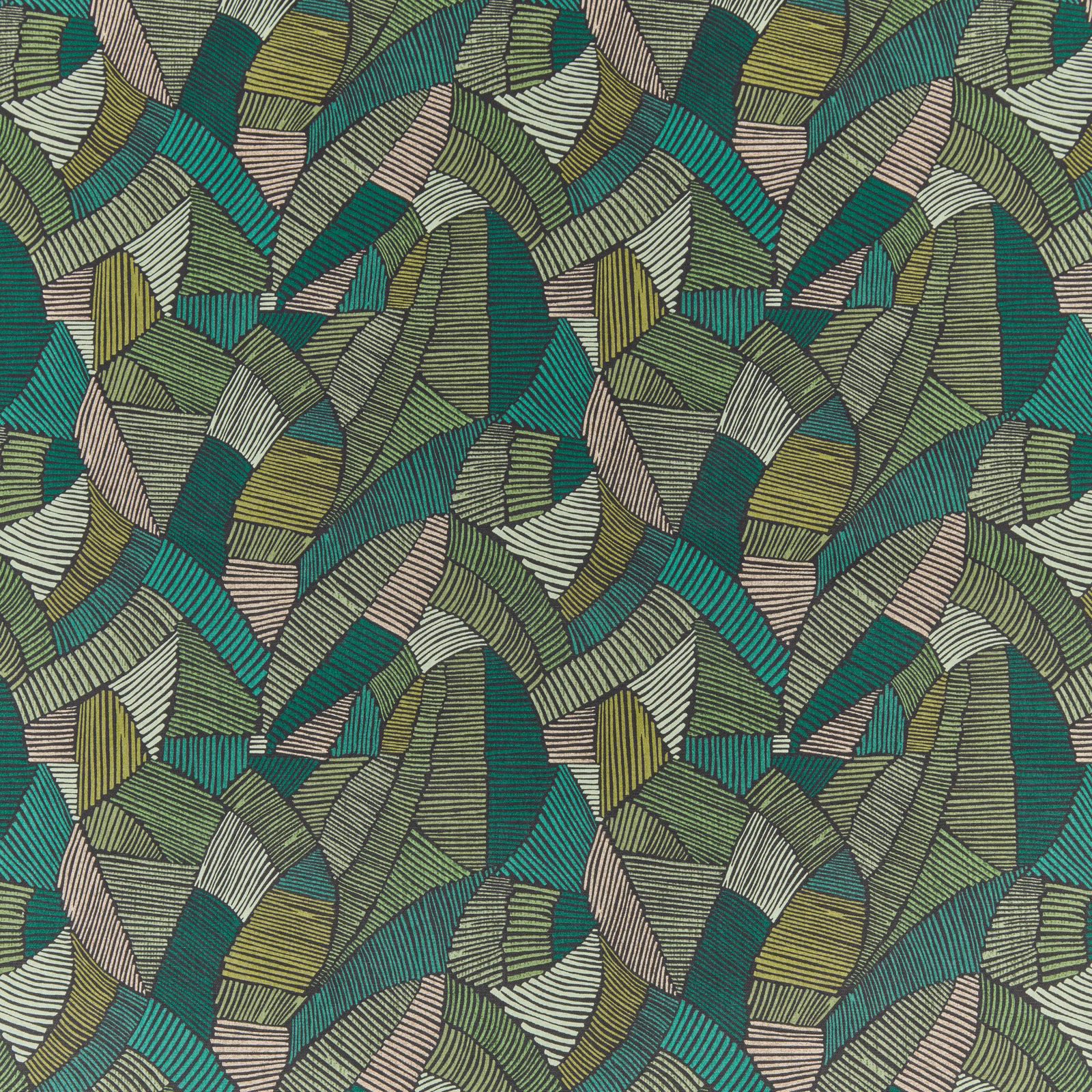 Geometric woven fabric in jade, teal and olive with striped leaf motifs