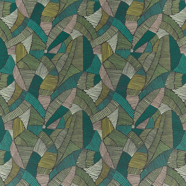 Geometric woven fabric in jade, teal and olive with striped leaf motifs