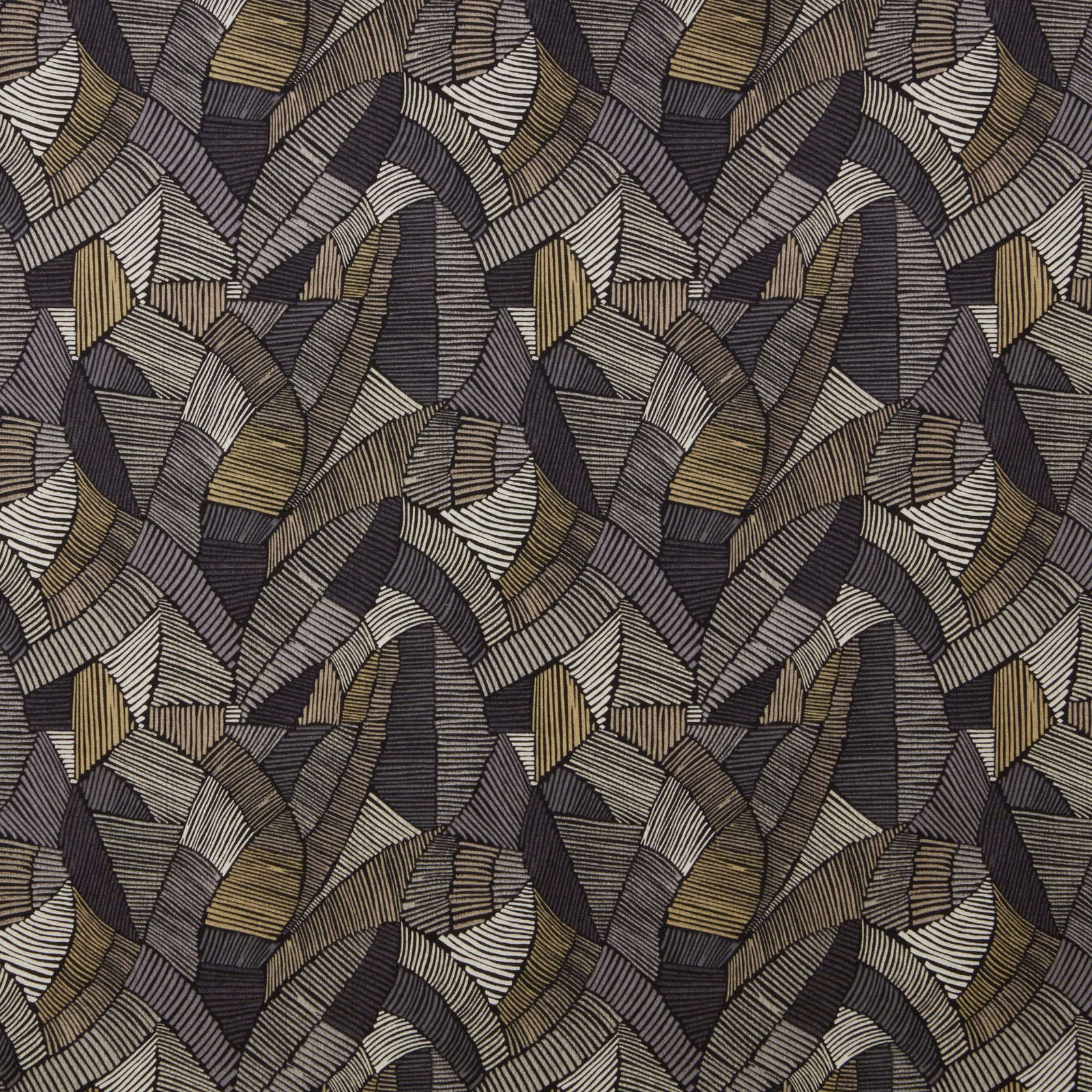 Large-scale geometric fabric in onyx, charcoal, taupe and muted gold stripes