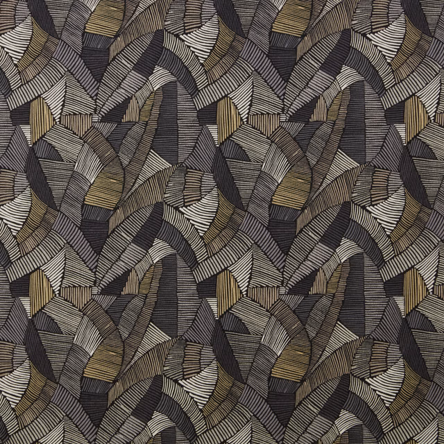 Large-scale geometric fabric in onyx, charcoal, taupe and muted gold stripes