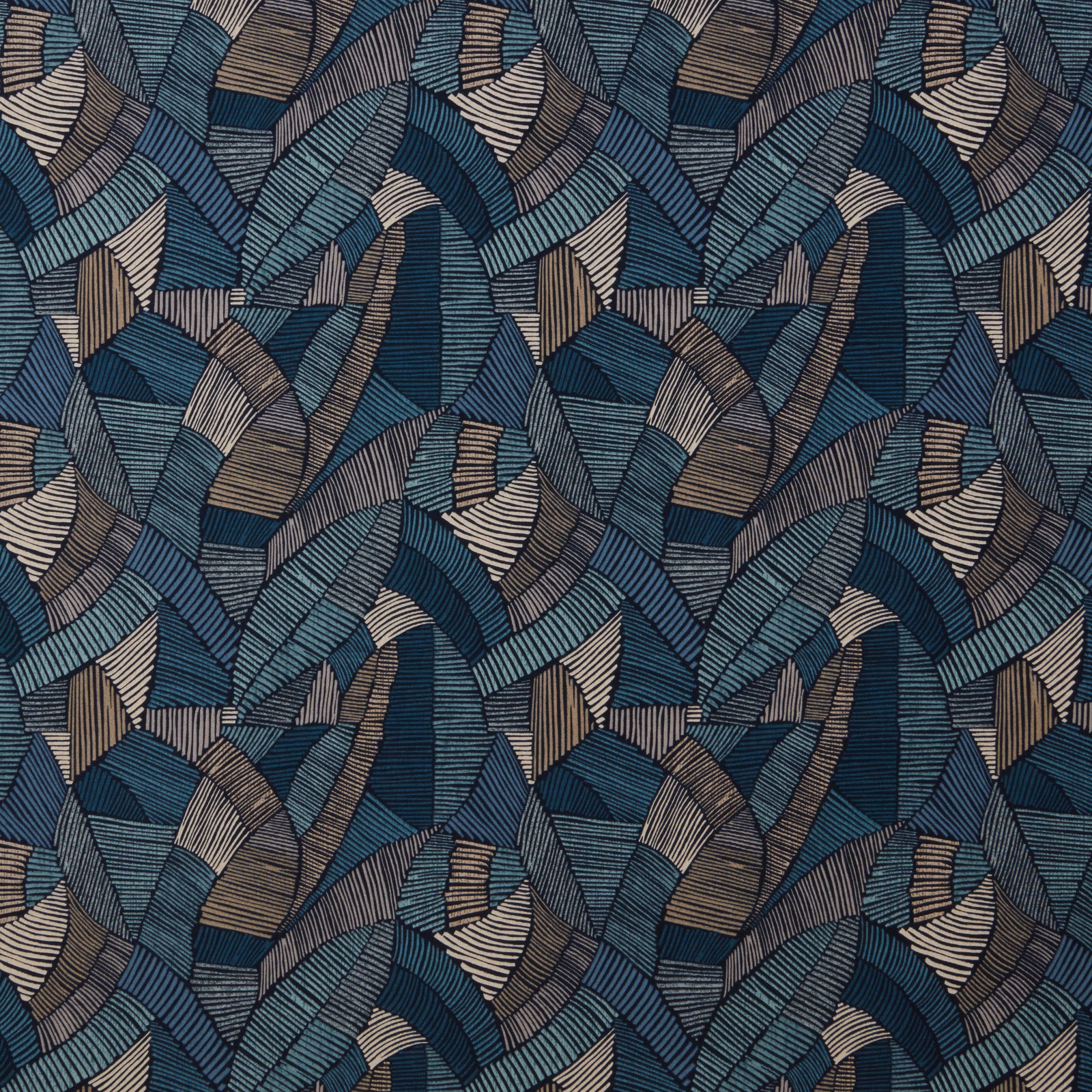 Teal and navy geometric fabric swatch with taupe striped arc motif