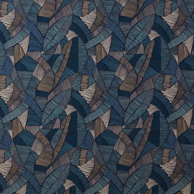 Teal and navy geometric fabric swatch with taupe striped arc motif