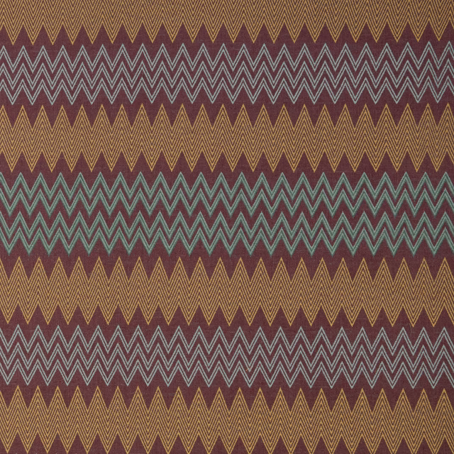 Plum geometric fabric with teal, sage and gold zigzag stripes