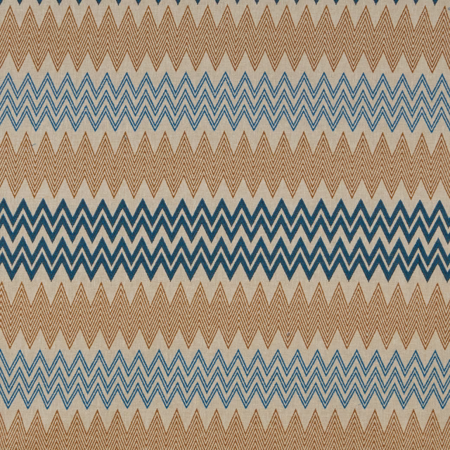 Teal-blue and terracotta zigzag chevron fabric on a pale ground