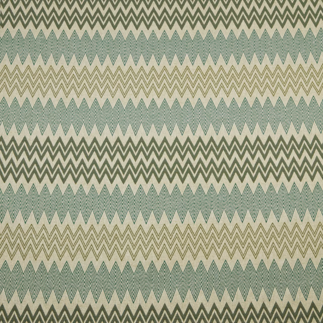 Pale ground fabric with layered jadeite and olive zigzag stripes