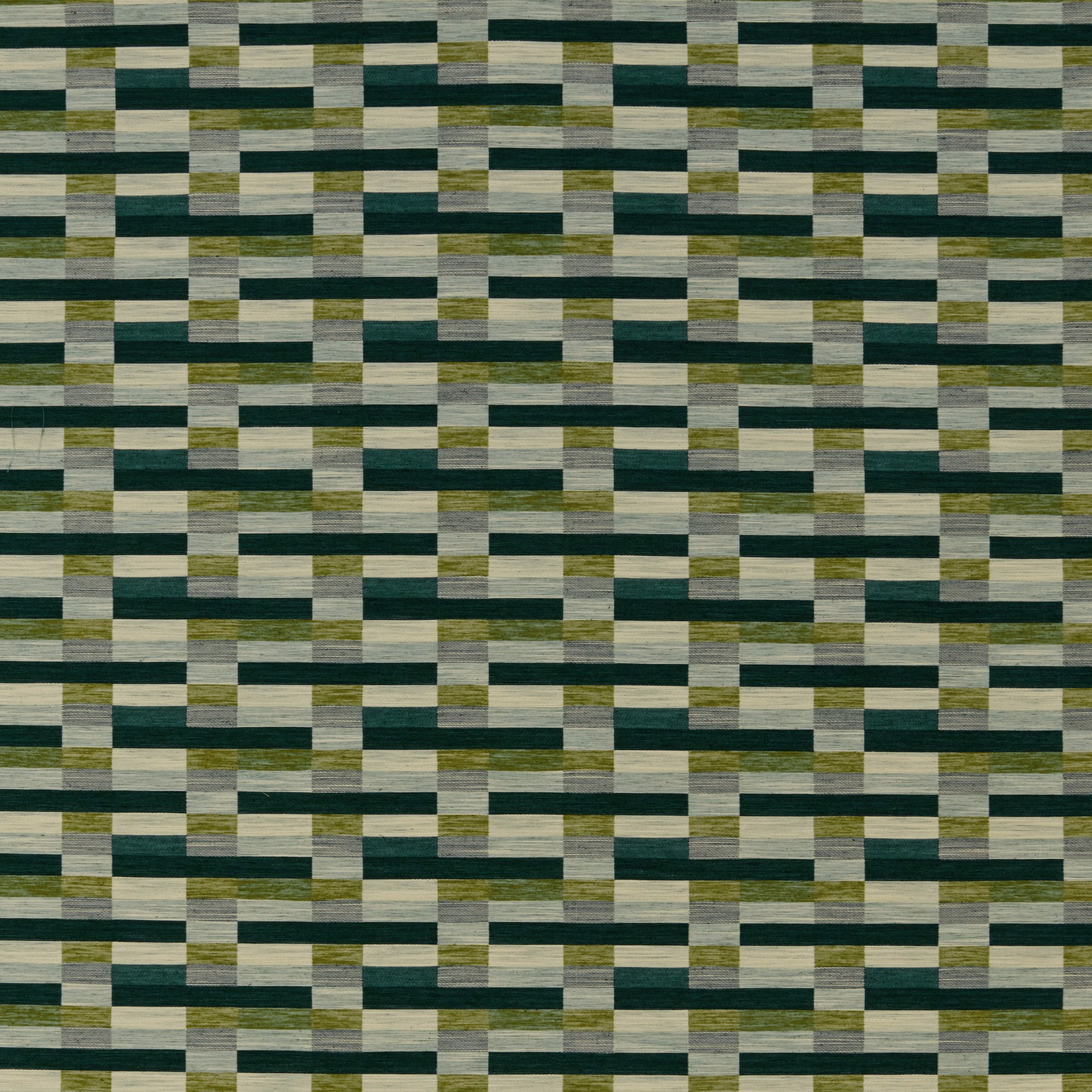 Jade green and ivory geometric woven fabric swatch with horizontal block stripes