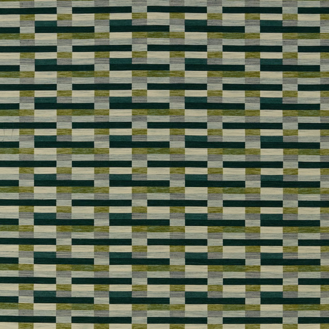 Jade green and ivory geometric woven fabric swatch with horizontal block stripes
