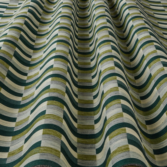 Wavy striped upholstery fabric in jade green, olive, ivory and grey