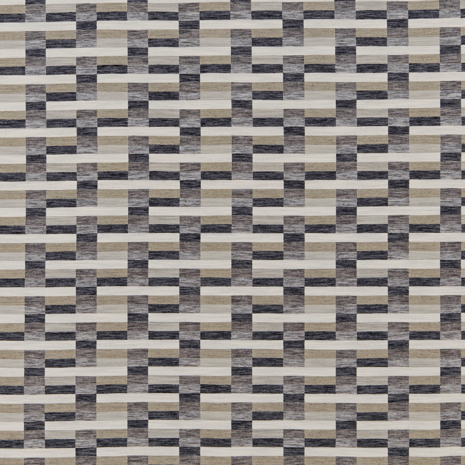 Geometric woven fabric in mineral grey, ivory and taupe with a blocky interlocking pattern