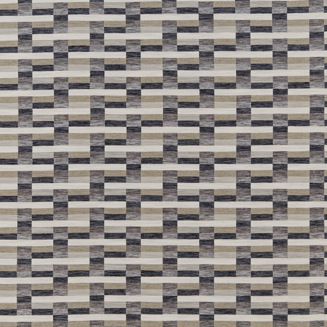 Geometric woven fabric in mineral grey, ivory and taupe with a blocky interlocking pattern