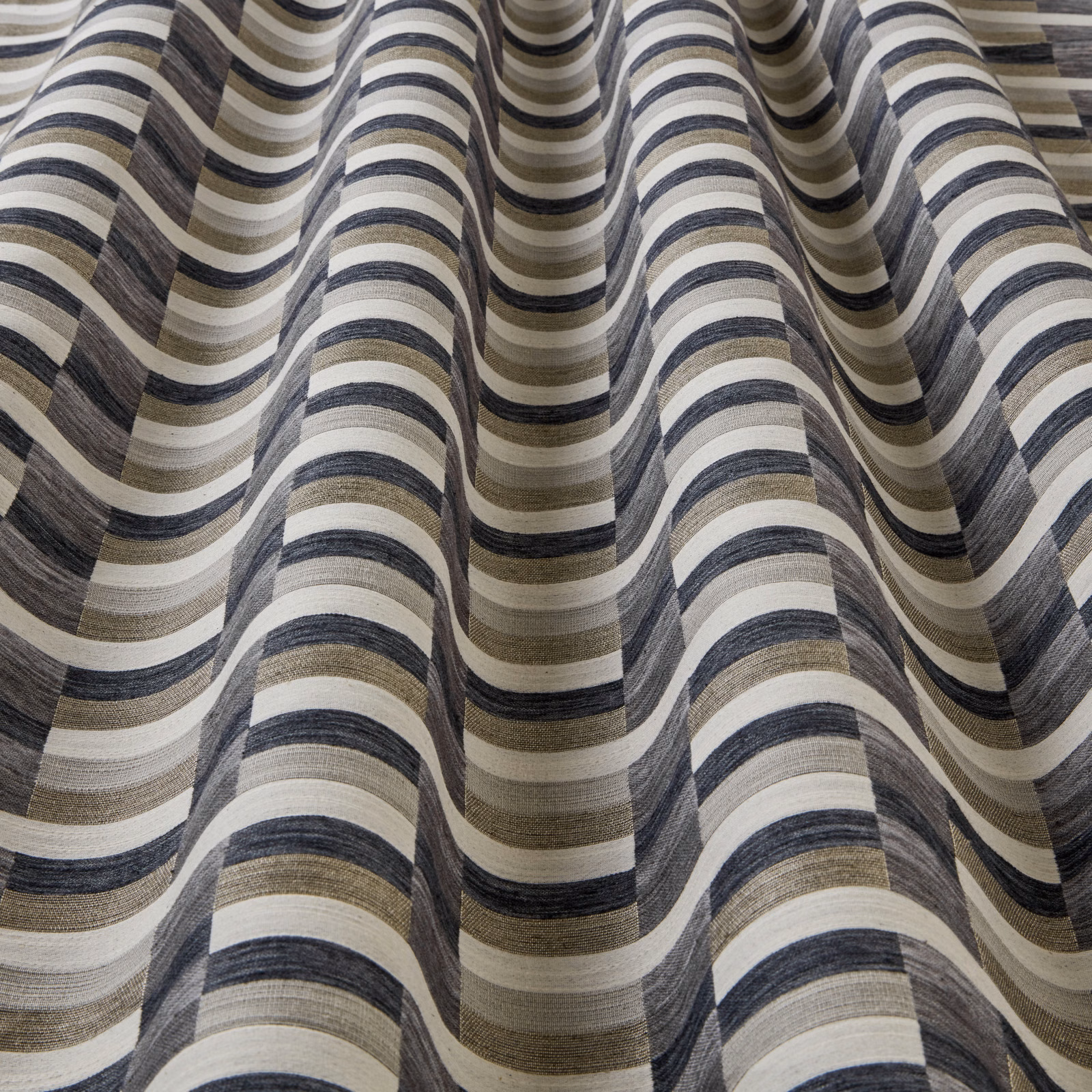 Striped wave fabric in mineral grey, ivory and taupe with a woven texture