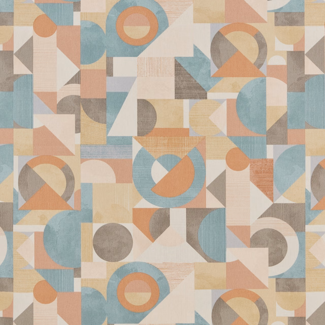 Geometric fabric swatch with large circles and blocks in mandarin, aqua, beige and grey
