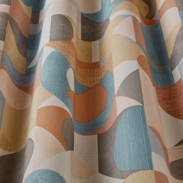 Wavy geometric fabric swatch in mandarin, teal, cream and grey